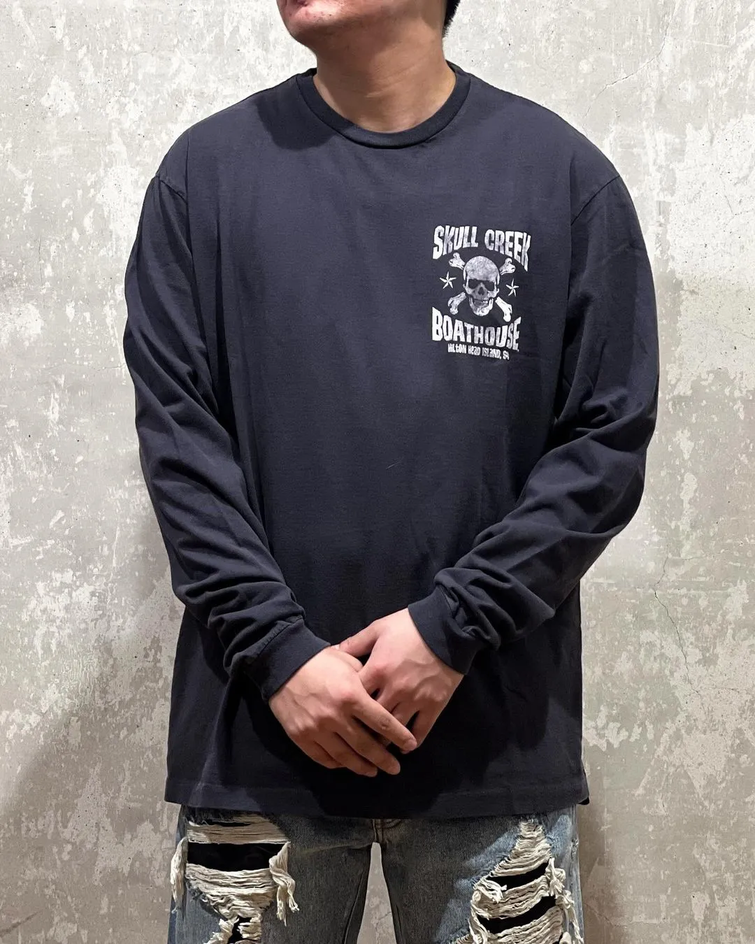 GALLERY DEPT. SKULL CREEK L/S TEE/BLK Glitter skull surf long sleeves, washed black S-XL, genuine development, correct version, garment dyed, washed and distressed, printing has a full sense of distress